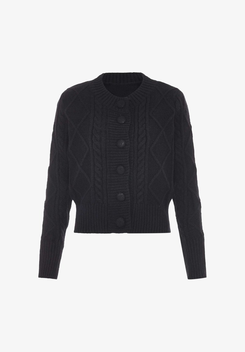 Mustat kabelikutoiset neulecardiganit pitkillä hihoilla, pyöreällä pääntiellä, ribbireunalla ja kuudella suurilla etunapilla.