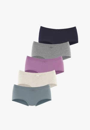 Vijf paar katoenen boyshort ondergoed in marineblauw, lichtgrijs, donkergrijs, lavendel en lichtblauw, elk met een kleine strikaccent.