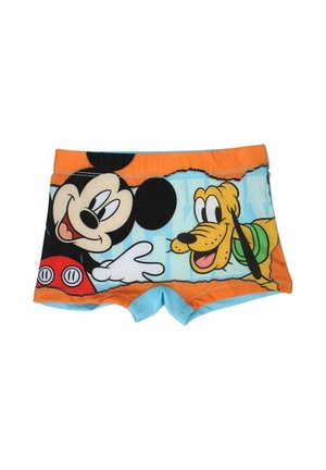 Shorts de bain pour garçons avec des dessins animés de Mickey Mouse et Pluto, dotés d'une ceinture orange, d'une base bleue et d'une texture de tissu douce.