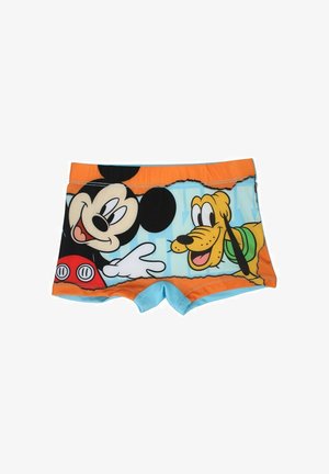 Shorts de bain pour garçons avec des dessins animés de Mickey Mouse et Pluto, dotés d'une ceinture orange, d'une base bleue et d'une texture de tissu douce.