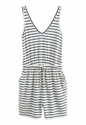 Ærmeløs hvid playsuit med mørkeblå horisontale striber, V-hals, elastisk linning, snørelukning og shorts med sidelommer.