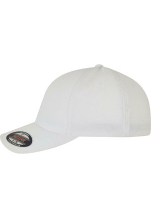 White baseball cap with a curved brim, crafted from fabric, featuring ventilation eyelets and a circular logo patch on the front.