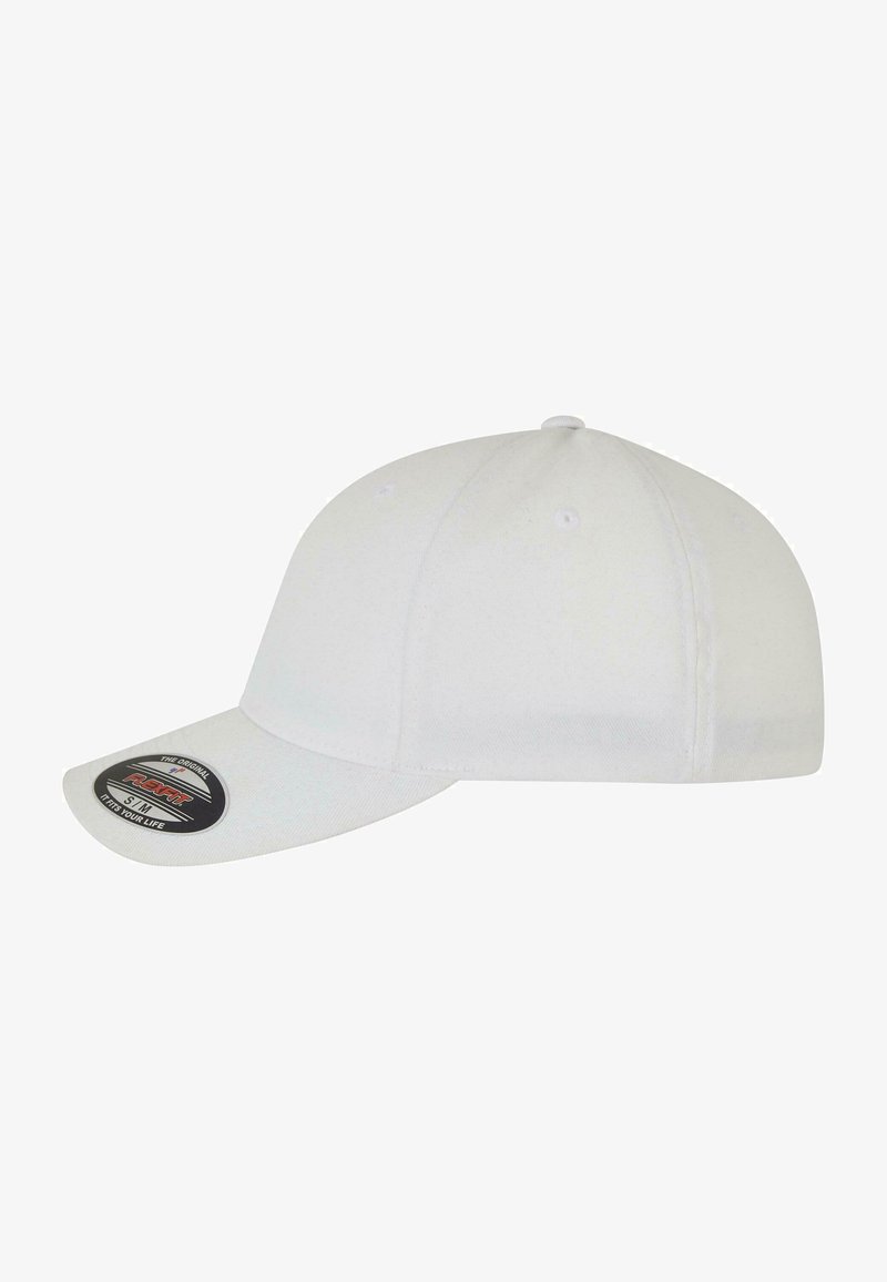White baseball cap with a curved brim, crafted from fabric, featuring ventilation eyelets and a circular logo patch on the front.