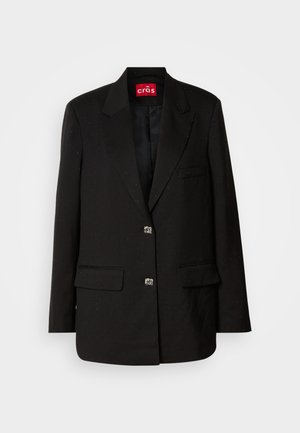Svart blazer med klassisk design, to framlommer og blanke sølvknapper; har en subtil spraglet tekstur og spisse rever.