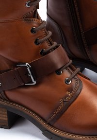 Bottes en cuir marron à lacets avec fermeture éclair sur le côté, sangle avec boucle en argent, coutures détaillées et semelles en caoutchouc robustes sur fond blanc.