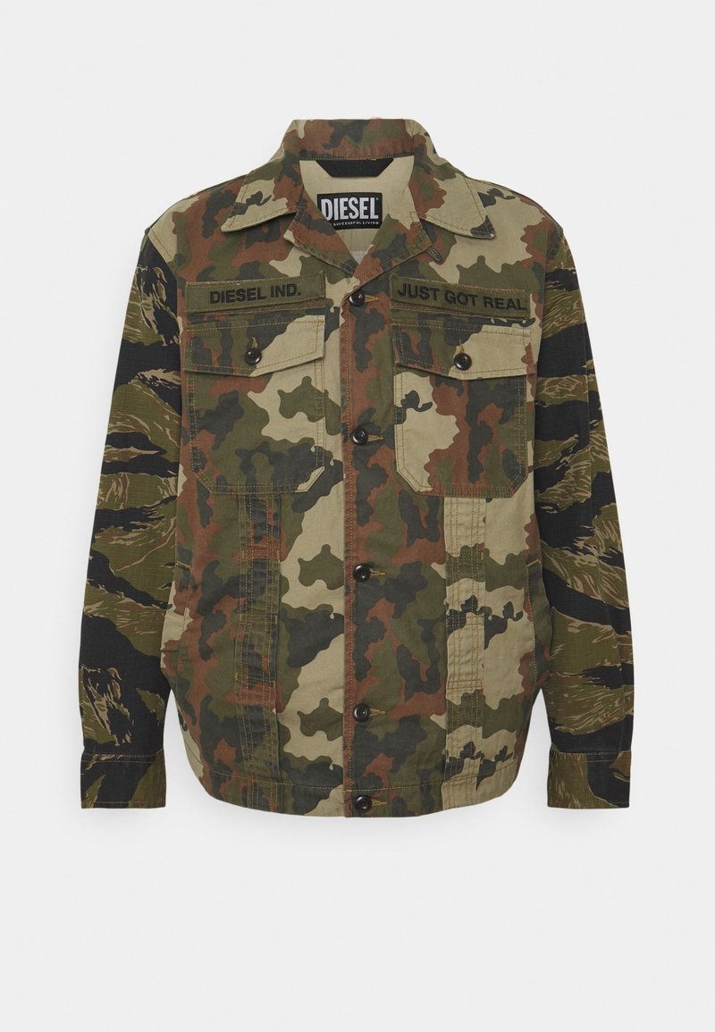 Camouflage jacket with a mix of green, brown, and black patterns, featuring two chest pockets, button closure, and a standard collar.