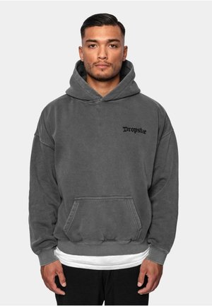 Gray hoodie made of soft fabric, featuring a kangaroo pocket, ribbed cuffs, and hem. "Dropsize" logo in black on the front left side.