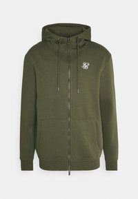 Olivengroene hoodie met ritssluiting, zachte textuur, verstelbare capuchon met trekkoorden, twee voorzakken, geborduurd logo op de linkerborst, geribde manchetten.