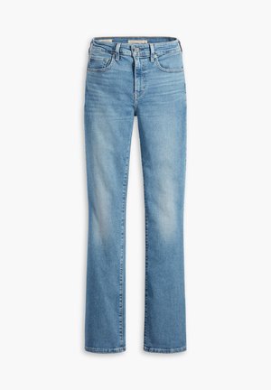 Hellblaue Jeans aus Denim mit geradem Bein, Knopfverschluss, fünf Taschen und ausgewaschenen Bereichen für einen abgetragenen Look. Sauber verarbeiteter Saum.