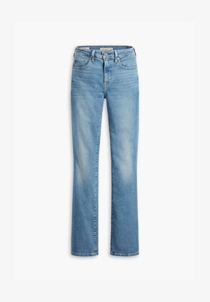 Light blue denim jeans with a straight leg design, button closure, five pockets, and faded areas for a worn look. Clean hem finishing.