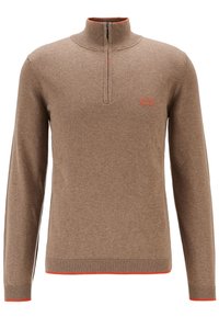 Brun kvartslång ziptröja med ribbat krage, manschetter och nederkant, med orange trim och liten orange "BOSS"-logotyp på vänster bröst.