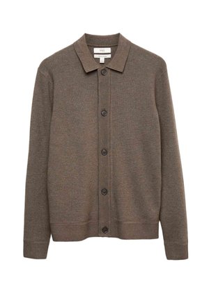 Bruine gebreide cardigan met een kraag, voorzien van een sluiting met zes knopen aan de voorkant en geribbelde manchetten en zoom.