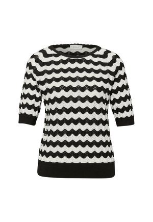 Pull en maille rayé noir et blanc avec manches courtes et encolure ronde présentant un motif ondulé en zigzag.