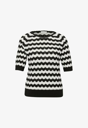Czarnobiały sweter w paski, wykonany na drutach, z krótkimi rękawami i okrągłym dekoltem, ozdobiony falistym, zygzakowatym wzorem.
