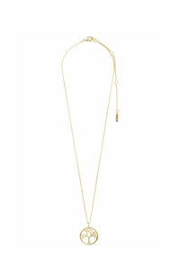 Collier en or avec une chaîne fine et un pendentif rond présentant un motif d'arbre, mettant en valeur des détails complexes et une finition polie.