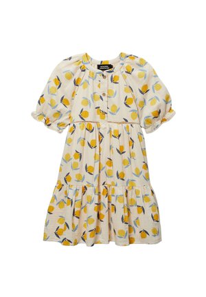 Robe pour fille couleur crème avec manches bouffantes et imprimé citron jaune, avec des boutons sur la poitrine et une jupe à volants.