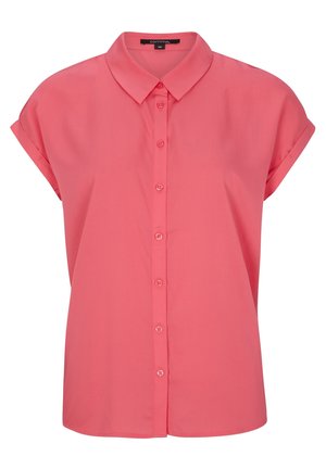 Blouse corail à manches courtes avec boutons sur le devant, col classique et poignets de manches repliés, taille 36.