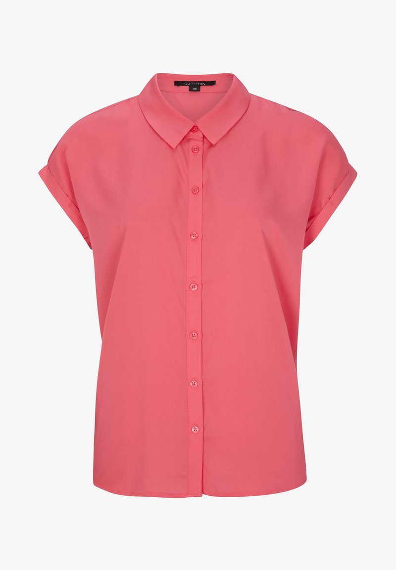 Blouse corail à manches courtes avec boutons sur le devant, col classique et poignets de manches repliés, taille 36.