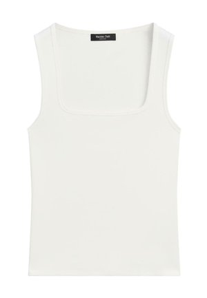 Weißes ärmelloses Tanktop mit quadratischem Ausschnitt und Massimo Dutti Etikett innen am Kragen.