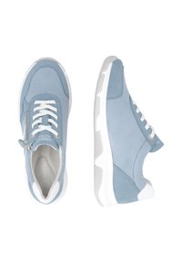 Lichtblauwe suède sneakers met een witte rubberen zool, een afgeronde vorm, veters aan de voorkant en een zijrits voor gemakkelijke toegang.