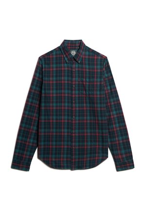 Een blouse met lange mouwen in een donkergroen en bordeauxrood ruitpatroon. Heeft een kraag, een borstzak en een ronde zoom. Gemaakt van katoen.