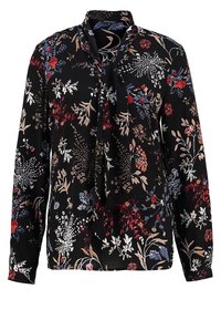 Blusa nera floreale con maniche lunghe, caratterizzata da motivi floreali multicolore, scollatura con fiocco e una texture di tessuto liscia.