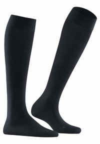 Sorte knæhøje sokker med ribbet manchet, glat overflade og ensfarvet design. Har forstærket tå og hæl for øget holdbarhed.