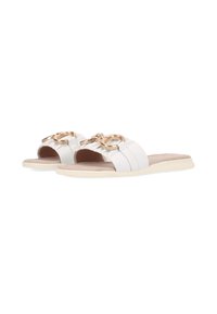 Weiße Slide-Sandalen mit einem weichen Obermaterial, das ein goldfarbenes Metallelement und eine strukturierte Sohle für besseren Halt aufweist. Das Design ist offen und hat eine gepolsterte Innensohle.