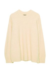 Cremefarbener, gestrickter Pullover mit rundem Ausschnitt, langen Ärmeln und lockerem Schnitt. Verfügt über gerippte Bündchen und Saum für zusätzliche Struktur.