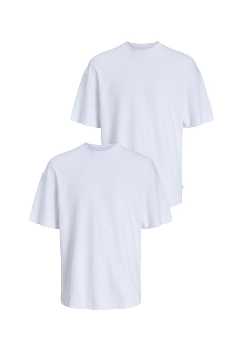 Zwei weiße Baumwoll-T-Shirts mit kurzen Ärmeln, geripptem Rundhalsausschnitt und lockerer Passform. Glatte Textur ohne sichtbare Muster oder Akzente.