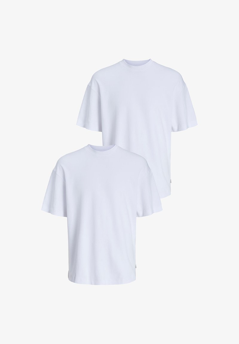 Two white cotton t-shirts with short sleeves, ribbed crew neck, and a relaxed fit. Smooth texture with no visible patterns or accents.