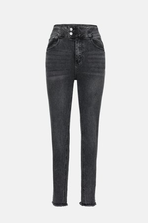 Høytlivde, svarte denimjeans med smal passform, to frontlommer og en frynset kant. Laget av et mykt stoff med falmede detaljer.
