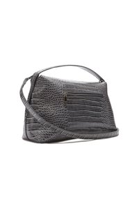 Pilka odinė petinė rankinė su ryškiu krokodilo raštu, priekine kišene su užtrauktuku ir reguliuojama petneša.