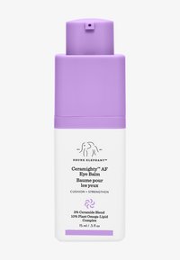 Purple and white container for Ceramighty™ AF Eye Balm, featuring a pump dispenser and label with product details in black text. 15 ml size.