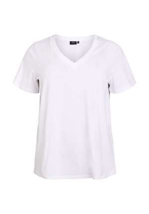 Valge puuvillane T-särk, lühikesed varrukad, V-kaelus, lõdva lõikega, ühtlane disain, ilma mustriteta, sile tekstuur, minimaalne riistvara detail.