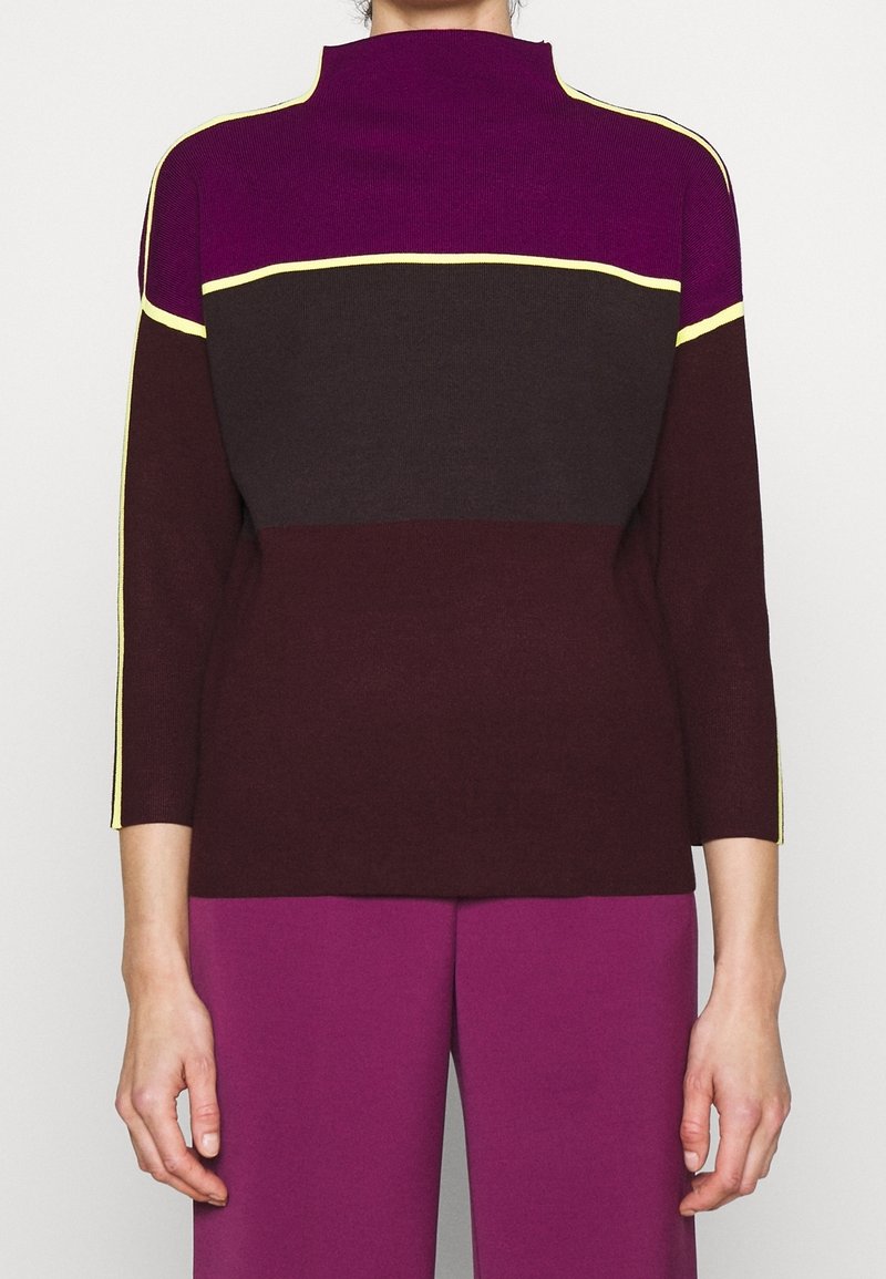 Gebreide trui met een hoge hals, voorzien van een kleurblokontwerp in paars, bruin en bordeaux, verrijkt met gele strepen langs de schouders.