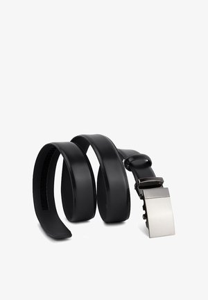 Czarny pasek ze skóry o eleganckim designie, gładkiej fakturze i metalowej klamrze. Posiada prostą, nowoczesną, prostokątną klamrę.