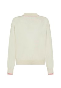 Pullover color crema chiaro con maniche lunghe, polsini a coste rosa e un design classico del colletto; tessuto a maglia morbido e testurizzato.