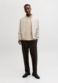 Γκριζομπεζ μπουφάν τύπου bomber, μπεζ πόλο πουκάμισο, σκούρο καφέ παντελόνι και μαύρα δερμάτινα παπούτσια. Ομαλή υφή με διακριτικές λεπτομέρειες.