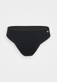 Black ribbed bikini bottom with a smooth texture, wide waistband, and small gold-tone accent on the side.