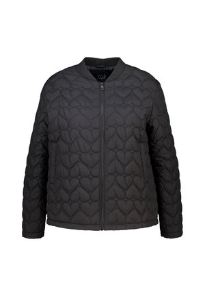 Zwarte gearceerde jas met hartvormige stiksels, voorrits, ribboordkraag en zijzakken.