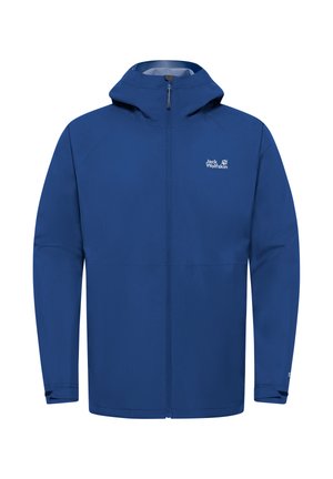 Blauwe outdoorjas met capuchon, volledige rits aan de voorkant, lange mouwen en Jack Wolfskin-logo op de linkerborst.