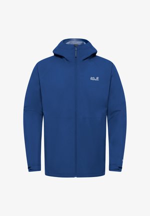 Blauwe outdoorjas met capuchon, volledige rits aan de voorkant, lange mouwen en Jack Wolfskin-logo op de linkerborst.