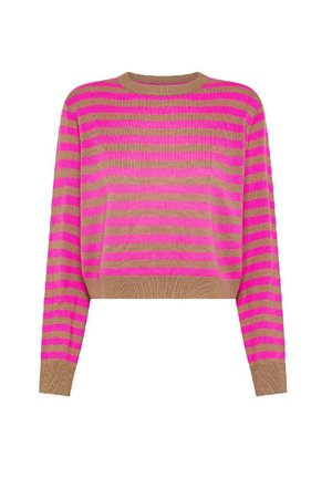 Maglione cropped a righe rosa e beige con maniche lunghe, realizzato in tessuto leggero. Presenta un colletto e un orlo a coste.