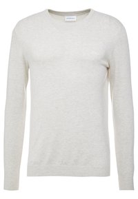 Pull gris clair à manches longues en tissu tricoté doux. Il présente un col rond et des poignets et un ourlet côtelés. Marquage subtil sur la poitrine.