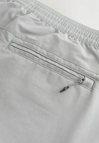 Lysgrå shorts med elastisk talje, der har en skjult lynlåslomme og snøre til justering. Glat stofstruktur.