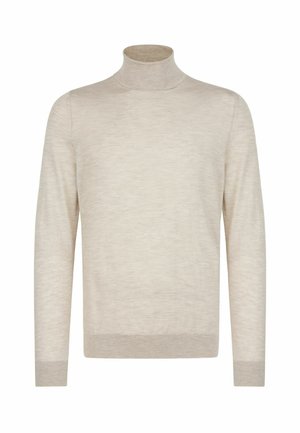 Lys beige langærmet turtleneck sweater med ribbede manchetter og kant, vist på en hvid baggrund.