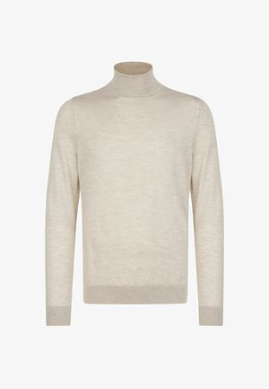 Lys beige langærmet turtleneck sweater med ribbede manchetter og kant, vist på en hvid baggrund.