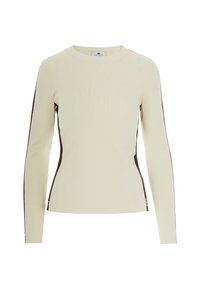 Maglione fitted a maniche lunghe di colore crema con pannelli laterali marroni e scollatura rotonda, esposto su uno sfondo bianco.