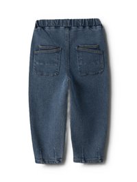 Blå denimbyxor med elastisk midja, utrustade med två bakfickor, fiskbensmönster och uppvikta fållar.